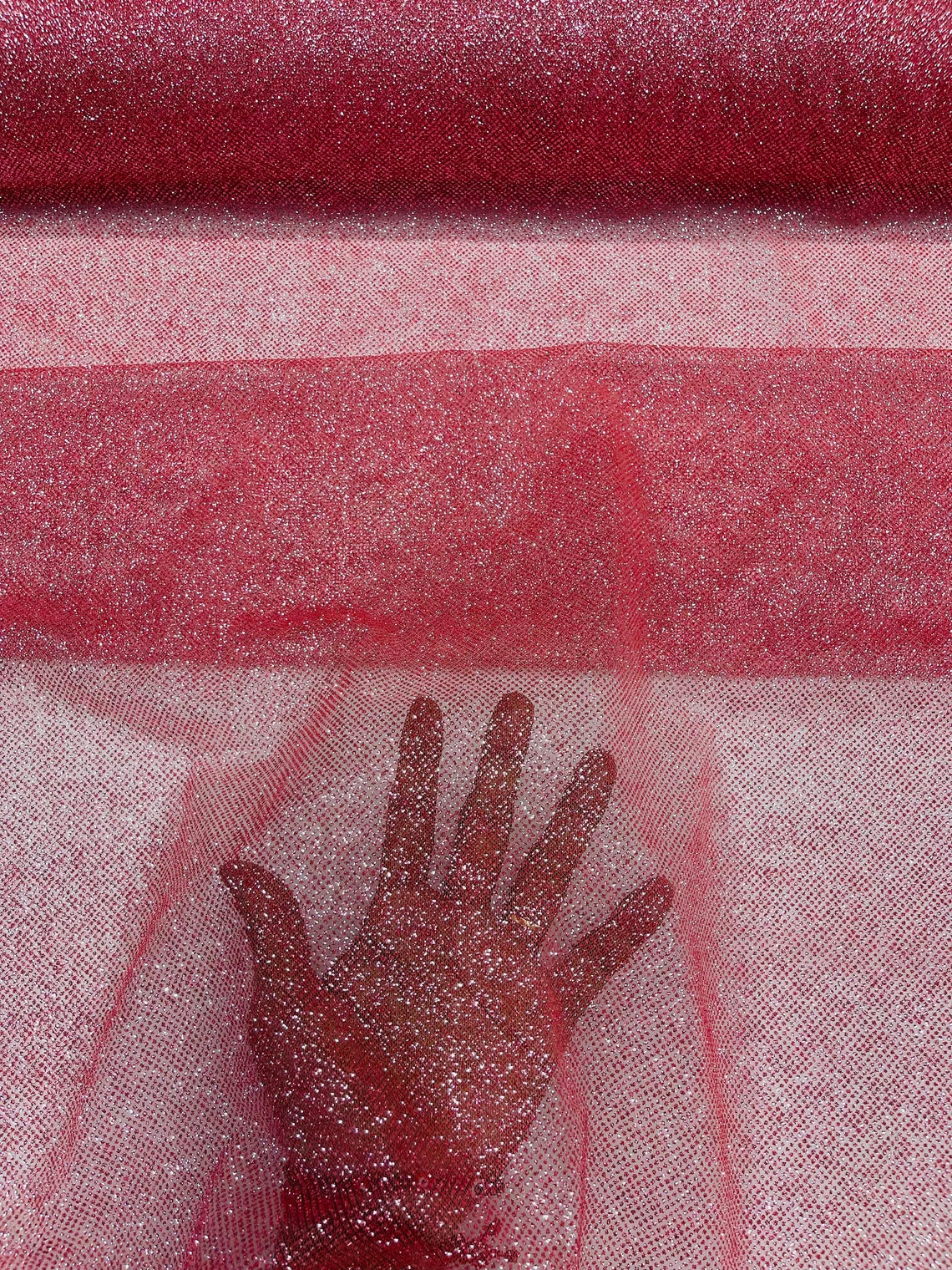 Shimmer Glitter Mesh Fabric - Dusty Rose - Shiny Glitter Dots Design on Lace Mesh Sold By Yard