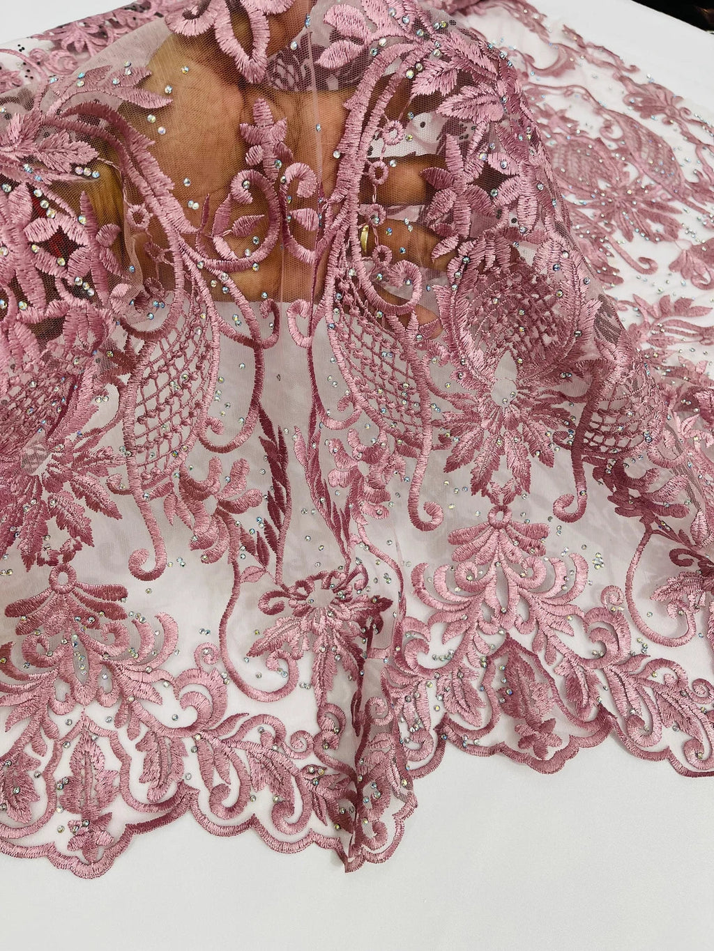 Damask Rhinestone Fabric - Dusty Rose - Beaded Embroidery Corded Lace Fabric Sold by Yard