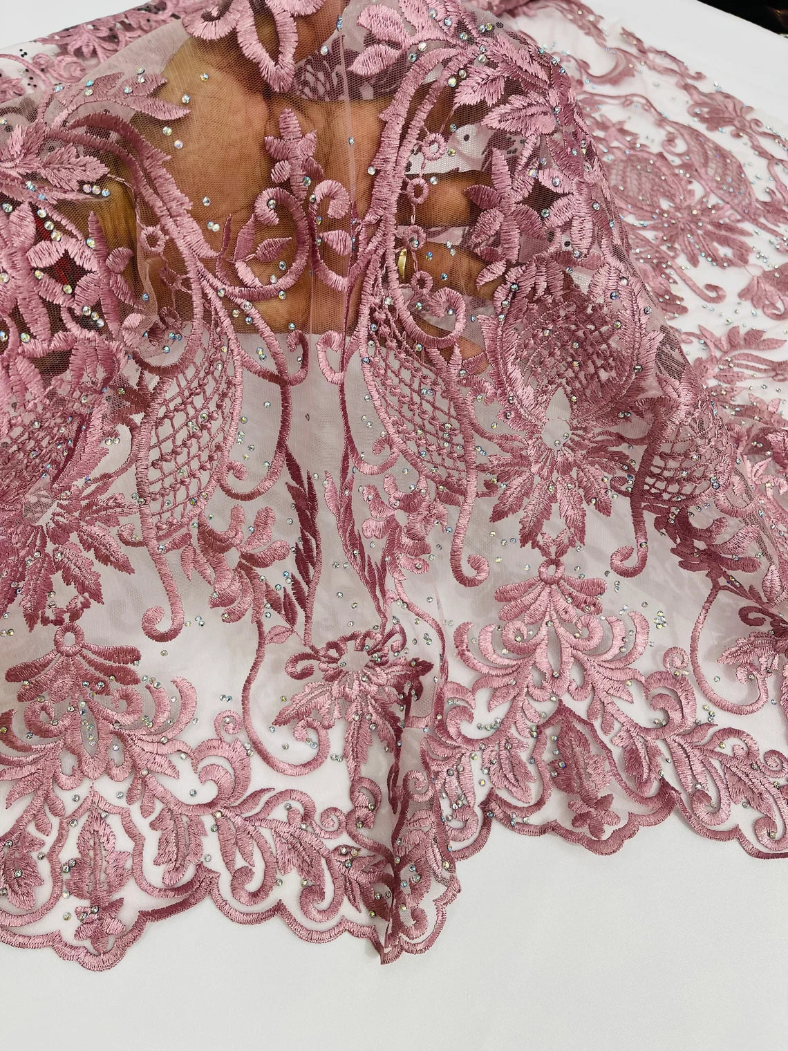 Damask Rhinestone Fabric - Dusty Rose - Beaded Embroidery Corded Lace Fabric Sold by Yard