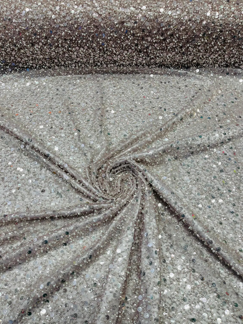 Heavy Duty Sequins Pearl Fabric - Dusty Rose - Heavy Handmade Embroidery Lace with Sequins All Over By Yard