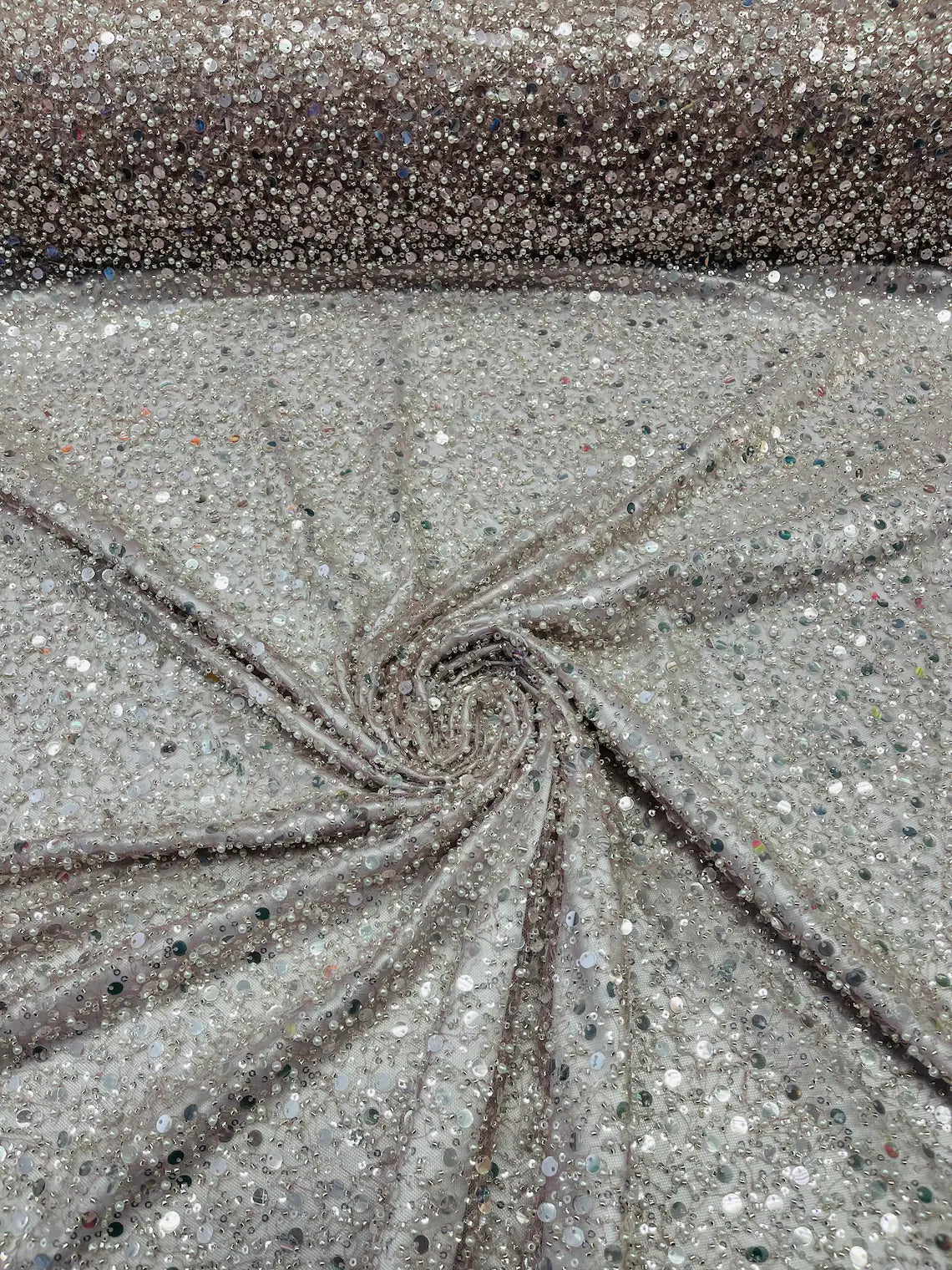 Heavy Duty Sequins Pearl Fabric - Dusty Rose - Heavy Handmade Embroidery Lace with Sequins All Over By Yard