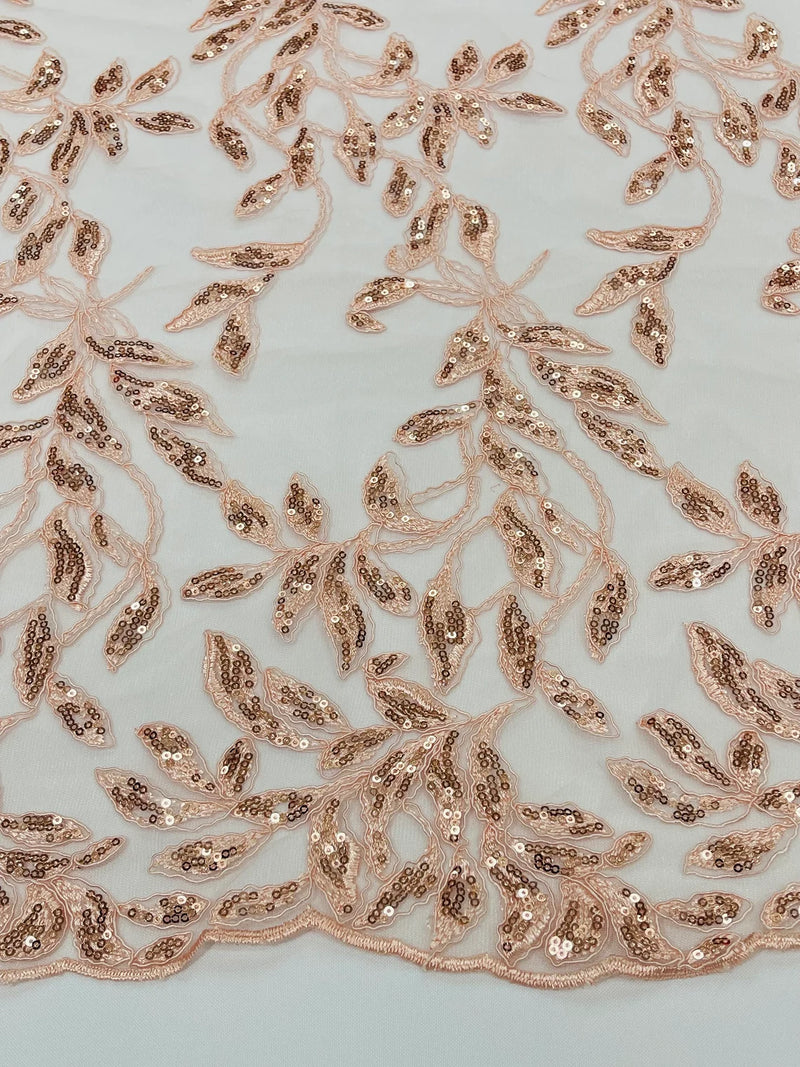 Metallic Thread Leaf Design - Dusty Rose - Embroidered Leaf With Sequins Design on Mesh Lace Fabric by the Yard