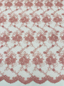 Embroidered Flower Fabric - Dusty Rose - Floral Design Scalloped Border Fabric By Yard