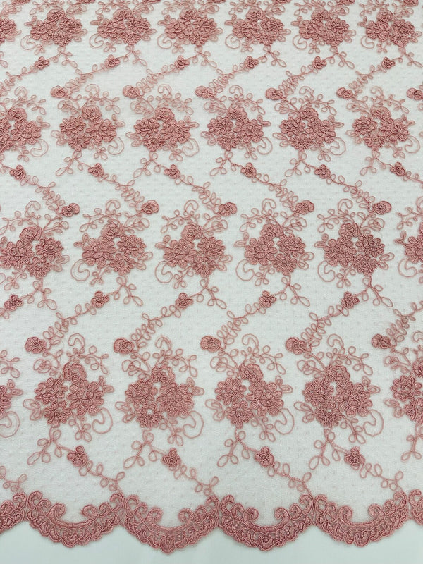 Embroidered Flower Fabric - Dusty Rose - Floral Design Scalloped Border Fabric By Yard