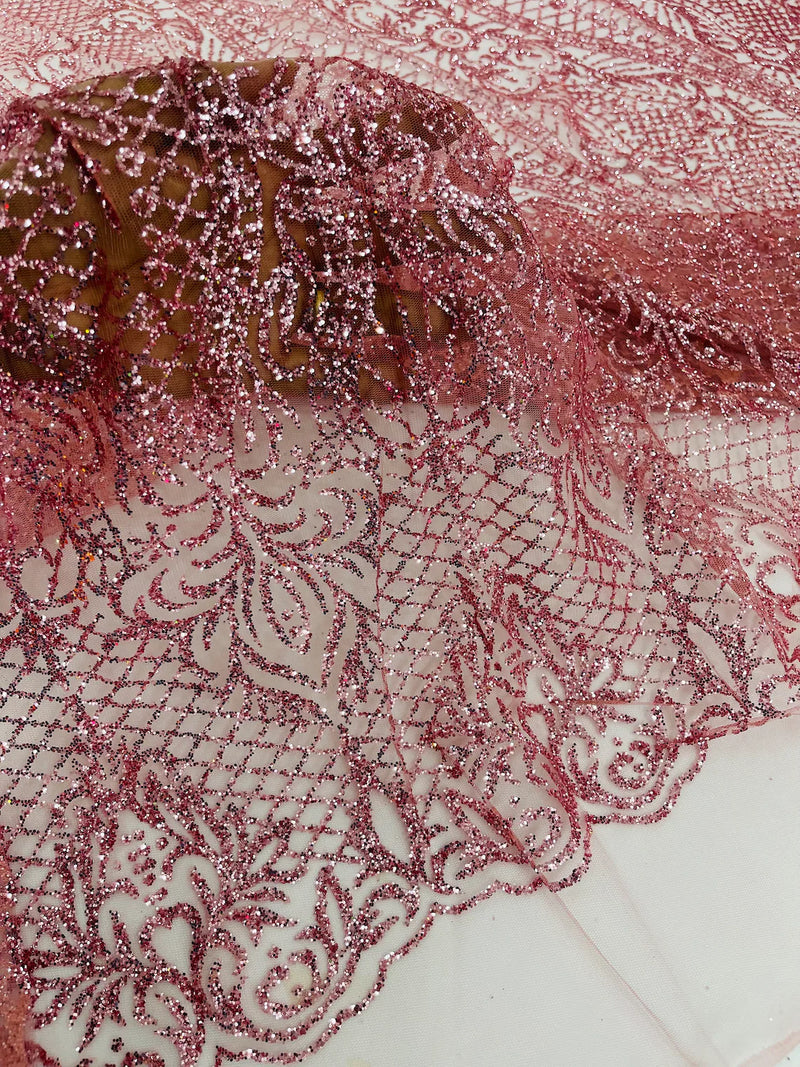 Mermaid Glitter Design - Dusty Rose - Tulle Mesh with Mermaid Tail Glitter Design Sold By Yard