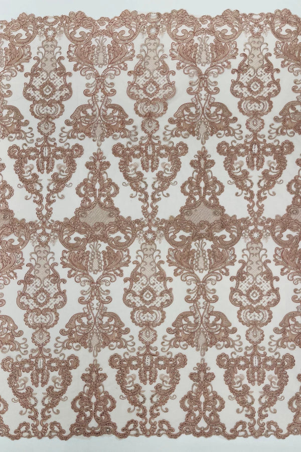 King Lace Pattern Fabric - Dusty Rose - Embroidered Sequins on Lace Mesh Fabric By Yard