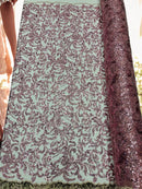 Beaded Flower Leaf Fabric - Dusty Rose - Shiny Beads and Sequins in Flower Design on Lace by Yard