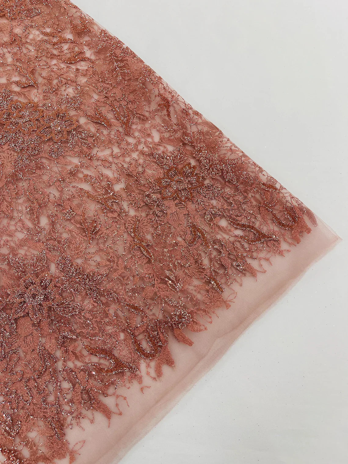 Flower Glitter Fabric - Dusty Rose - 3D Floral Tulle Fabric for Wedding, Quinceañera By Yard