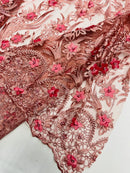 3D Floral Leaf Panels - Dusty Rose - Embroidered 3D Flower Lines with Pearls on Lace By Yard