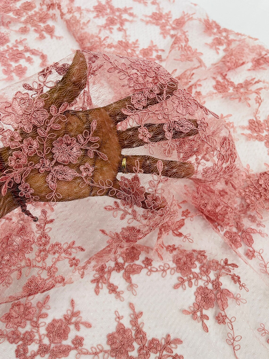 Embroidered Corded Lace Fabric - Dusty Rose - Cluster Fancy Flower Embroidered Lace Fabric By Yard