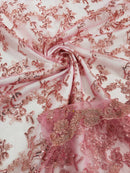 Floral Sequins Lace Fabric - Dusty Rose - Embroidery Flower Clusters Design with Shiny Sequins  Fabric Sold By Yard