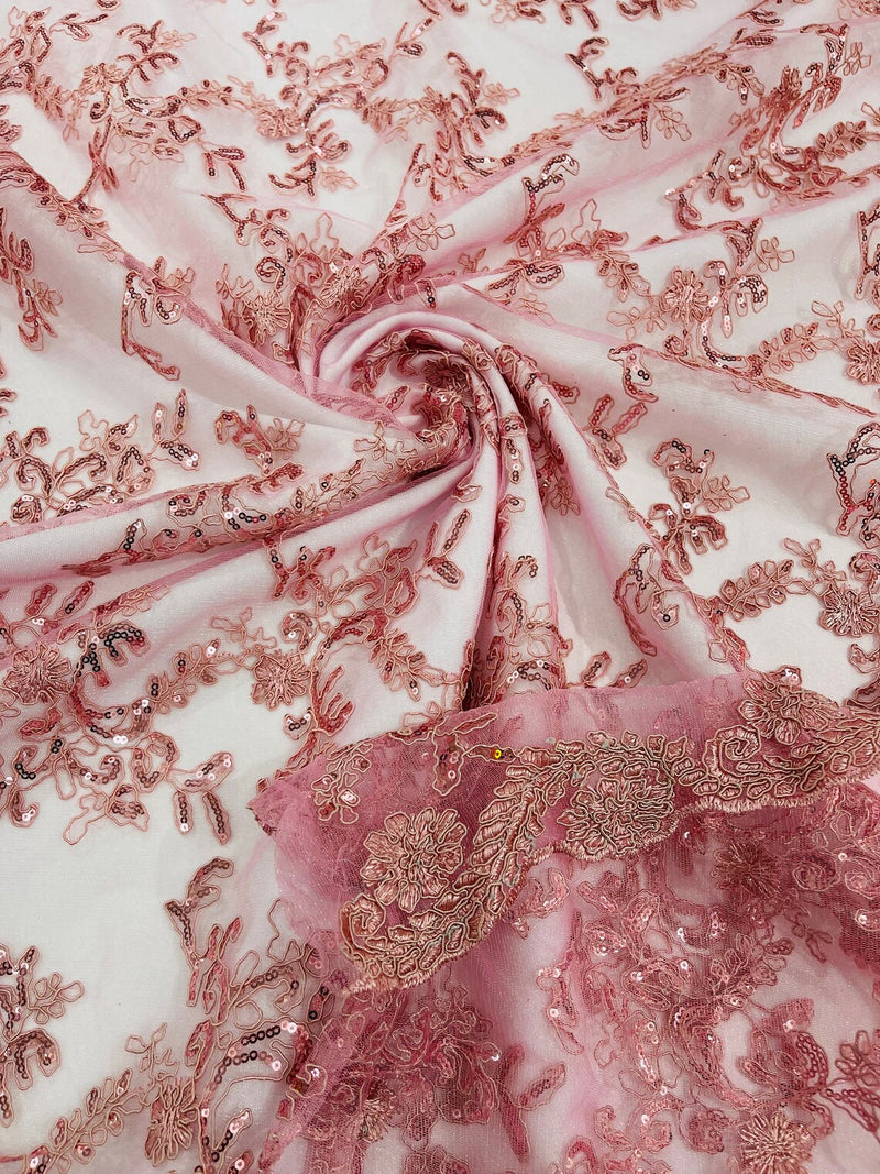 Floral Sequins Lace Fabric - Dusty Rose - Embroidery Flower Clusters Design with Shiny Sequins  Fabric Sold By Yard