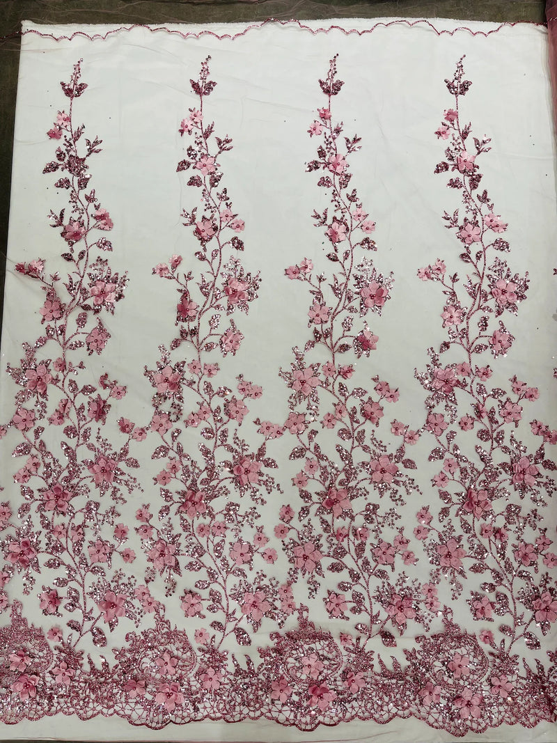 3D Flower Glitter Fabric - Dusty Rose - Floral Glitter Sequin Design on Lace Mesh Fabric by Yard