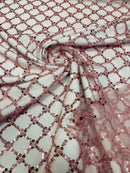 Beaded Diamond Net Fabric - Dusty Rose - Embroidered Geometric Beaded Sequins Fabric Sold By Yard