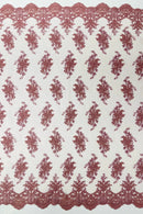 Floral Damask Lace Fabric - Dusty Rose - Embroidered Damask Flowers on Lace Fabric By Yard