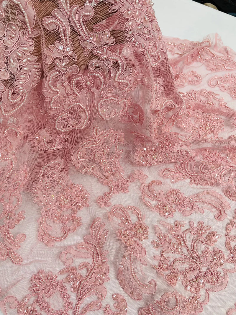 Beaded My Lady Damask Design - Dusty Rose - Beaded Fancy Damask Embroidered Fabric By Yard