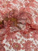 Corded Lace Floral Fabric - Dusty Rose - Hologram Sequins Metallic Thread Floral Fabric by Yard