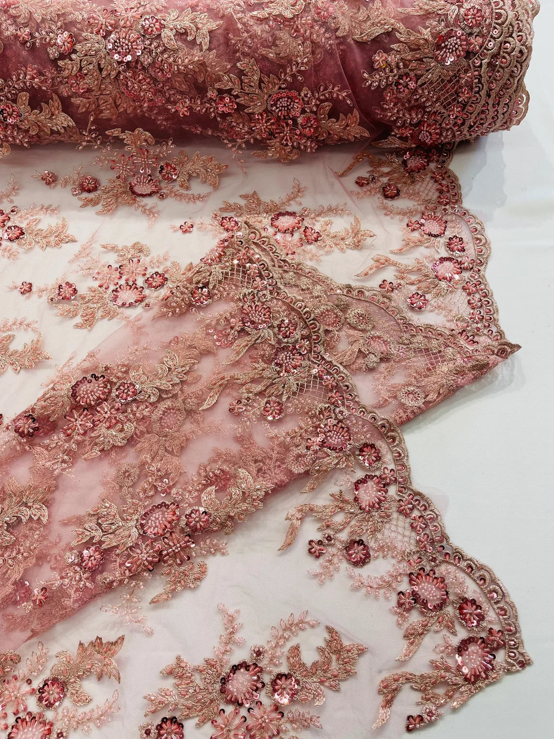 Beaded Flower Sequins Fabric - Dusty Rose - Embroidered Beaded Floral Clusters Sequins Fabric By Yard