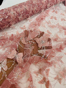 3D Butterfly Beaded Fabric - Dusty Rose - Beaded Sequins Butterfly Embroidered Fabric By Yard