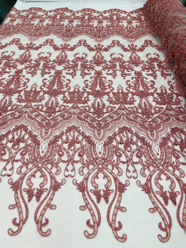 Damask Bead Fabric - Dusty Rose - Embroidered Glamorous Fabric with Round Beads Sold By Yard