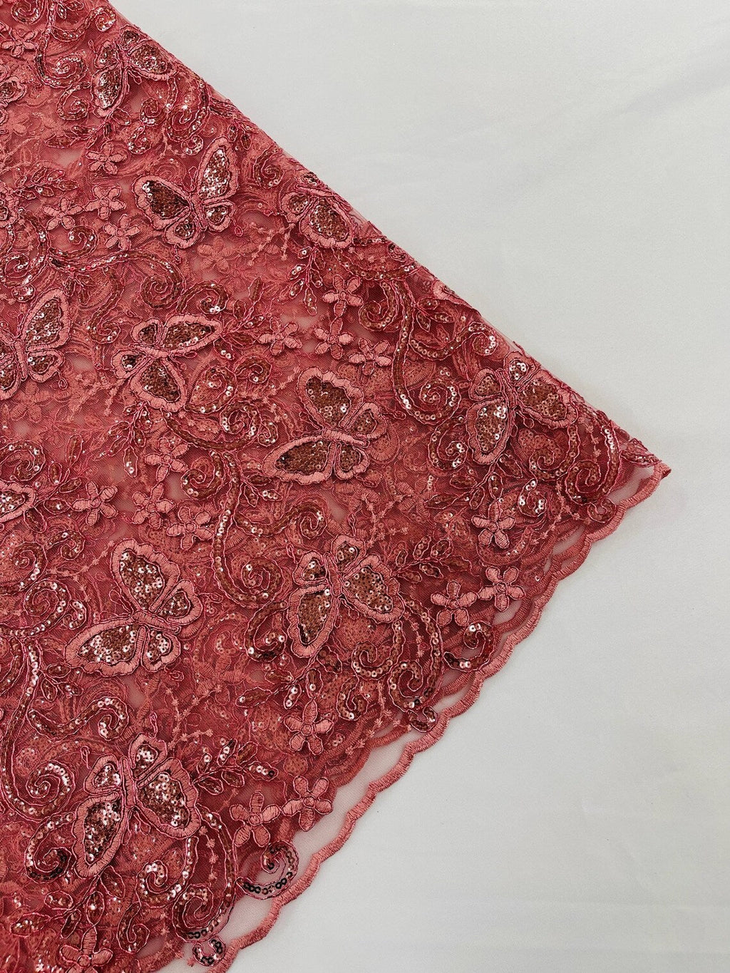 Butterfly Sequins Fabric - Dusty Rose - Metallic Floral Butterfly Design on Lace Fabric By Yard