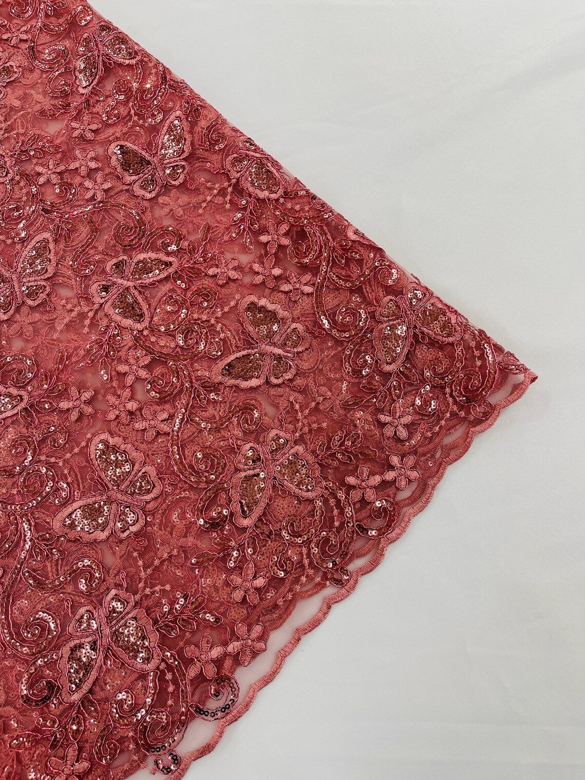 Butterfly Sequins Fabric - Dusty Rose - Metallic Floral Butterfly Design on Lace Fabric By Yard