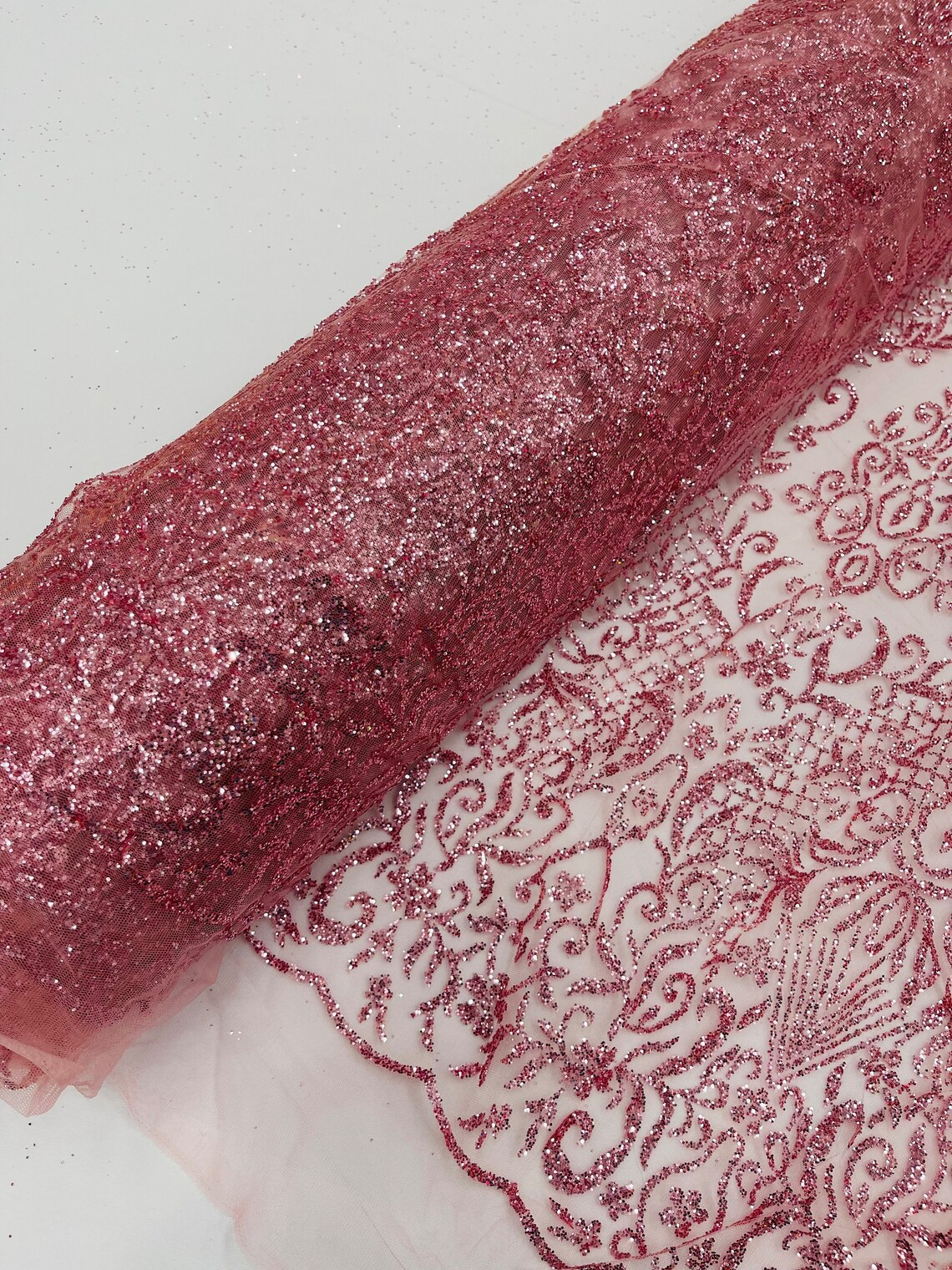 Long Damask Glitter Design - Silver - Tulle Mesh with Mermaid Tail Glitter Design Sold By Yard
