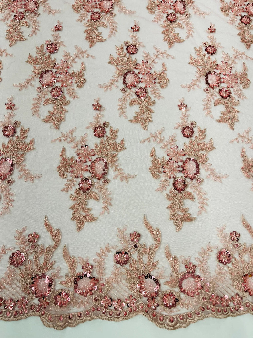 Beaded Flower Sequins Fabric - Dusty Rose - Embroidered Beaded Floral Clusters Sequins Fabric By Yard