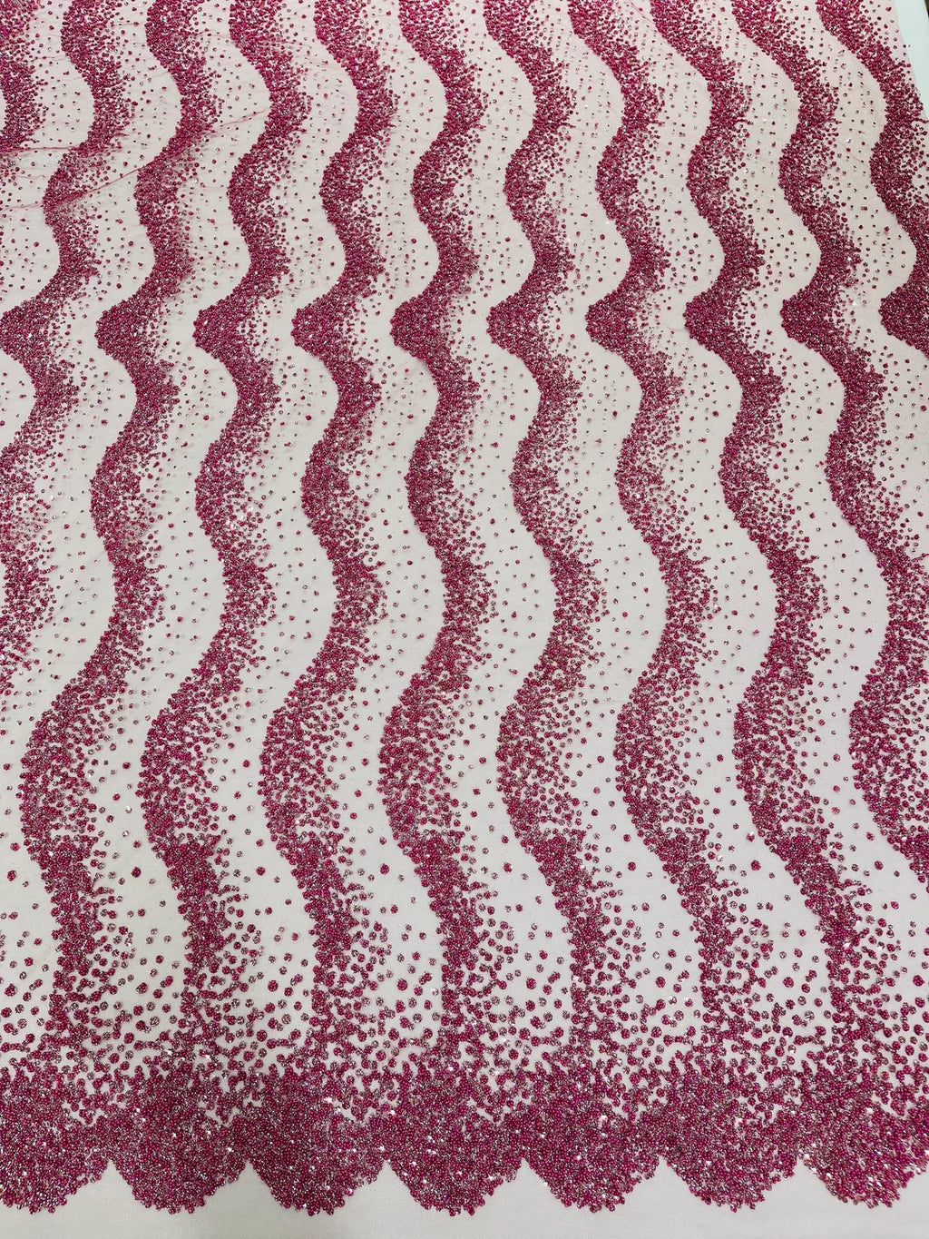 Mermaid Stripe Bead Design - Dusty Rose - Embroidered Beaded Mermaid Theme Mesh Fabric by Yard