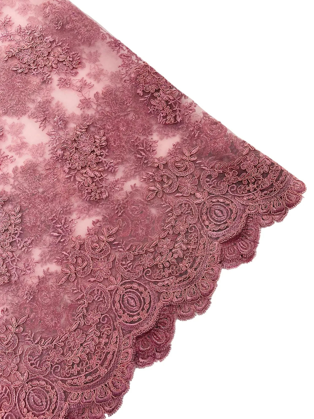 Floral Damask Lace Fabric - Dusty Rose - Embroidered Damask Flowers on Lace Fabric By Yard
