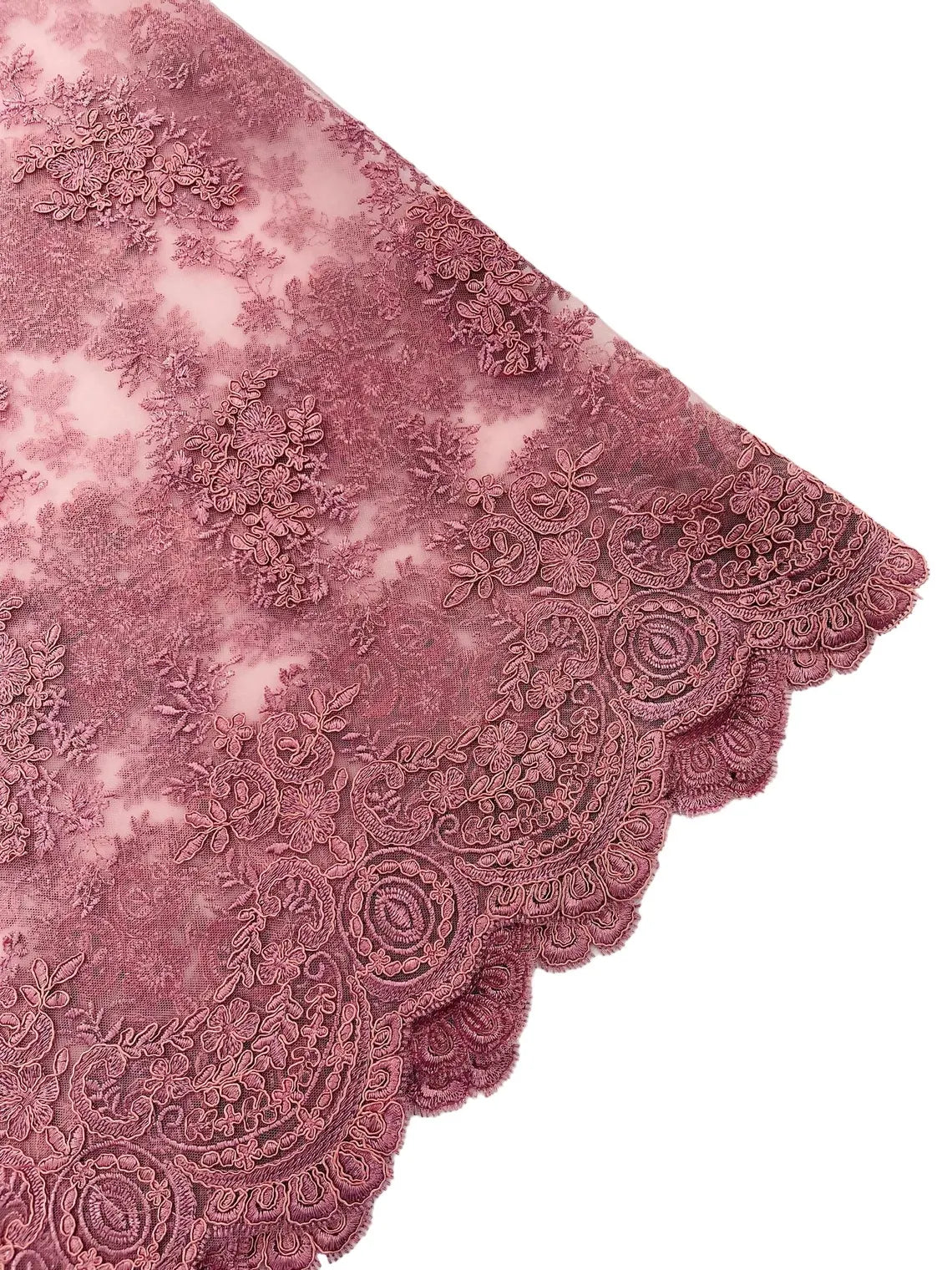 Floral Damask Lace Fabric - Dusty Rose - Embroidered Damask Flowers on Lace Fabric By Yard