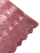 Floral Damask Lace Fabric - Dusty Rose - Embroidered Damask Flowers on Lace Fabric By Yard