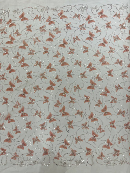 3D Butterfly Beaded Fabric - Dusty Rose - Beaded Sequins Butterfly Embroidered Fabric By Yard