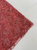 Butterfly Sequins Fabric - Dusty Rose - Metallic Floral Butterfly Design on Lace Fabric By Yard