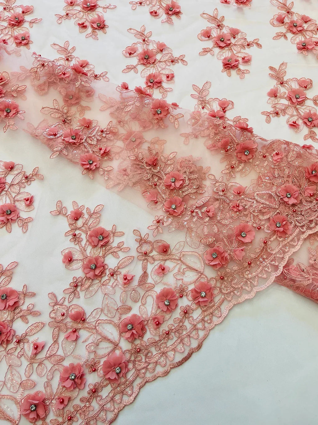 3D Embroidered Floral Fabric - Dusty Rose - 3D Rhinestone and Sequins Floral Fabric Sold By Yard