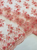 3D Embroidered Floral Fabric - Dusty Rose - 3D Rhinestone and Sequins Floral Fabric Sold By Yard