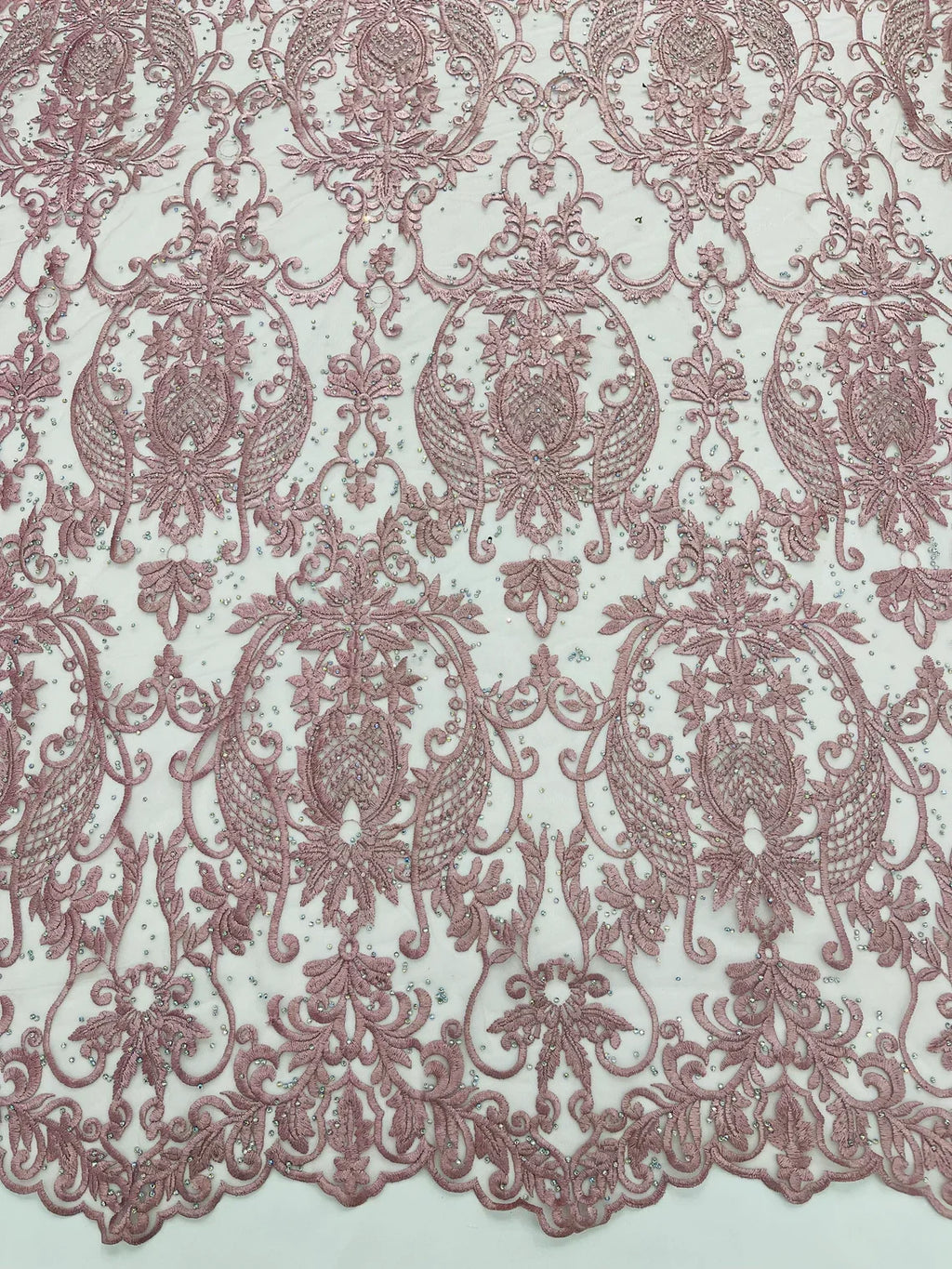 Damask Rhinestone Fabric - Dusty Rose - Beaded Embroidery Corded Lace Fabric Sold by Yard