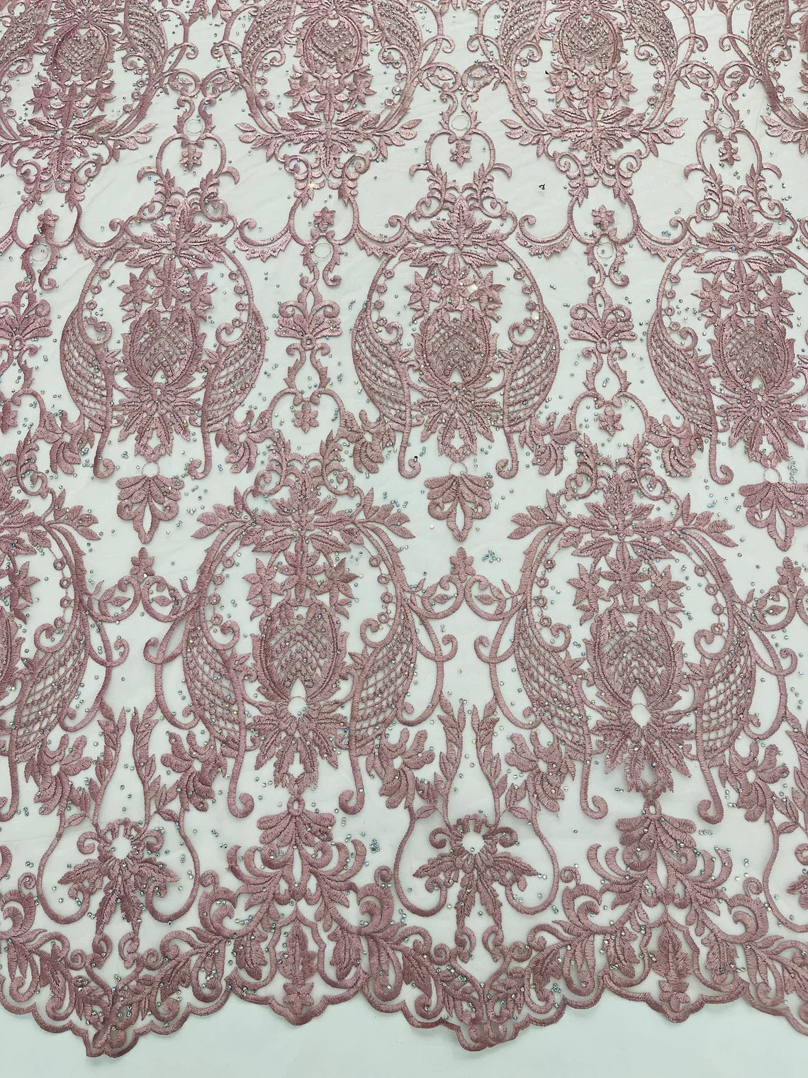 Damask Rhinestone Fabric - Dusty Rose - Beaded Embroidery Corded Lace Fabric Sold by Yard