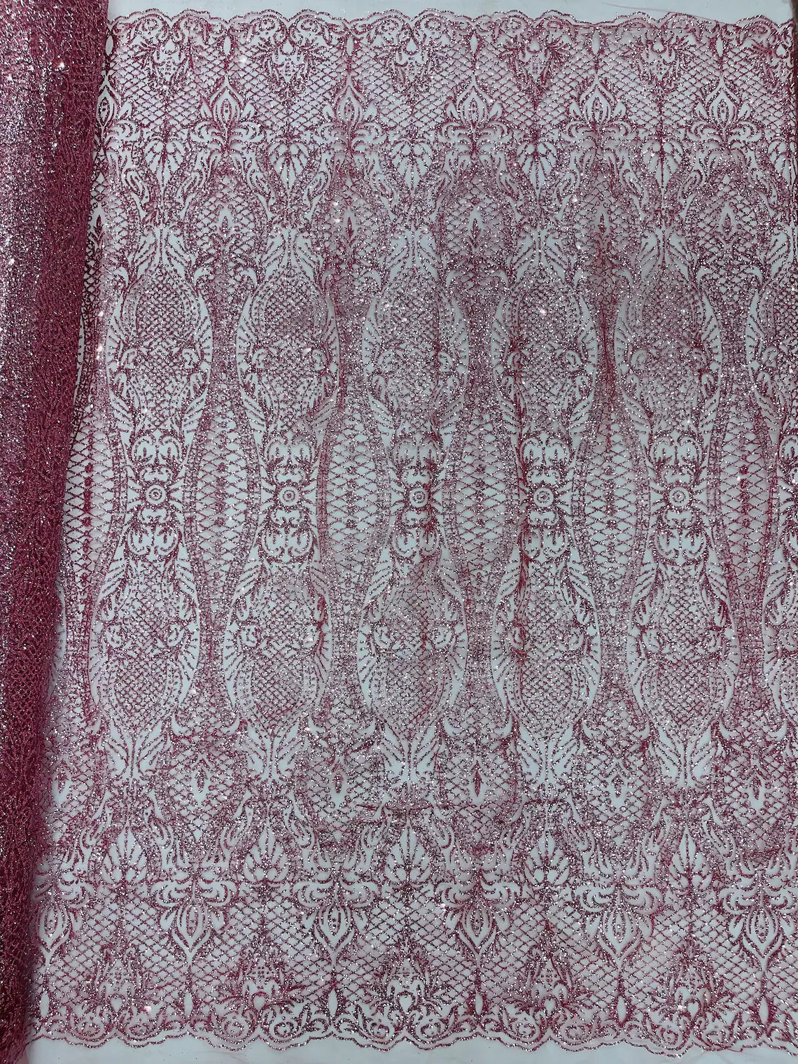 Mermaid Glitter Design - Dusty Rose - Tulle Mesh with Mermaid Tail Glitter Design Sold By Yard