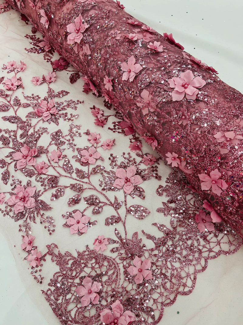 3D Flower Glitter Fabric - Dusty Rose - Floral Glitter Sequin Design on Lace Mesh Fabric by Yard