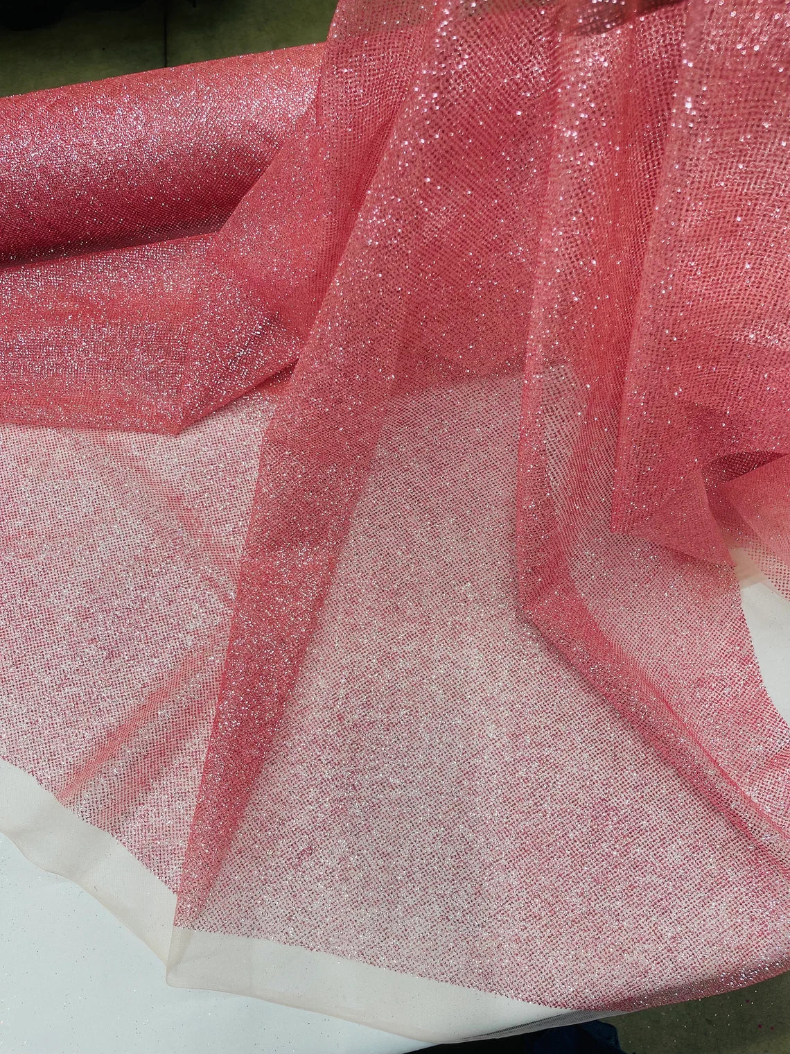 Shimmer Glitter Mesh Fabric - Dusty Rose - Shiny Glitter Dots Design on Lace Mesh Sold By Yard