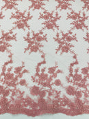 Embroidered Corded Lace Fabric - Dusty Rose - Cluster Fancy Flower Embroidered Lace Fabric By Yard