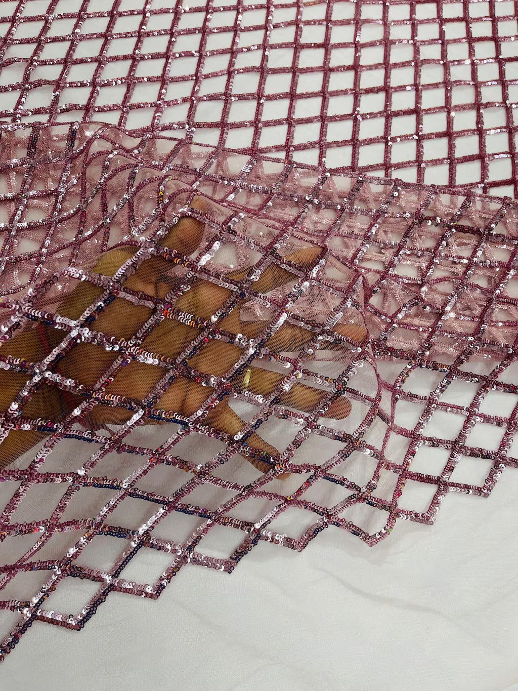 Diamond Sequins Fabric - Dusty Rose - Diamond Geometric Net Design on Mesh Lace Fabric By Yard