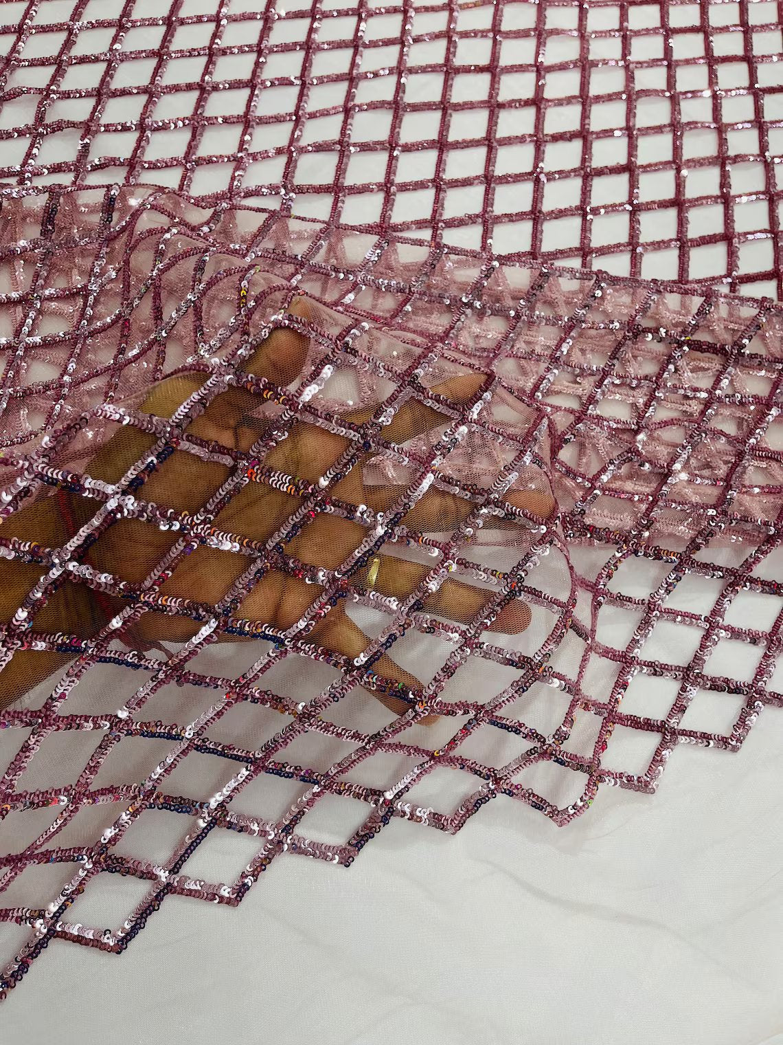 Diamond Sequins Fabric - Dusty Rose - Diamond Geometric Net Design on Mesh Lace Fabric By Yard
