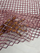Diamond Sequins Fabric - Dusty Rose - Diamond Geometric Net Design on Mesh Lace Fabric By Yard