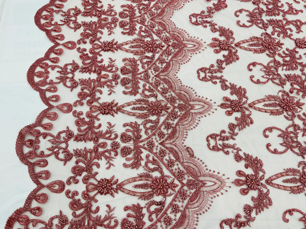 Damask Bead Fabric - Dusty Rose - Embroidered Glamorous Fabric with Round Beads Sold By Yard