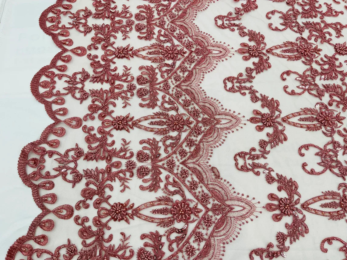 Damask Bead Fabric - Dusty Rose - Embroidered Glamorous Fabric with Round Beads Sold By Yard