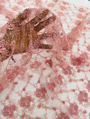 Embroidered Flower Fabric - Dusty Rose - Floral Design Scalloped Border Fabric By Yard