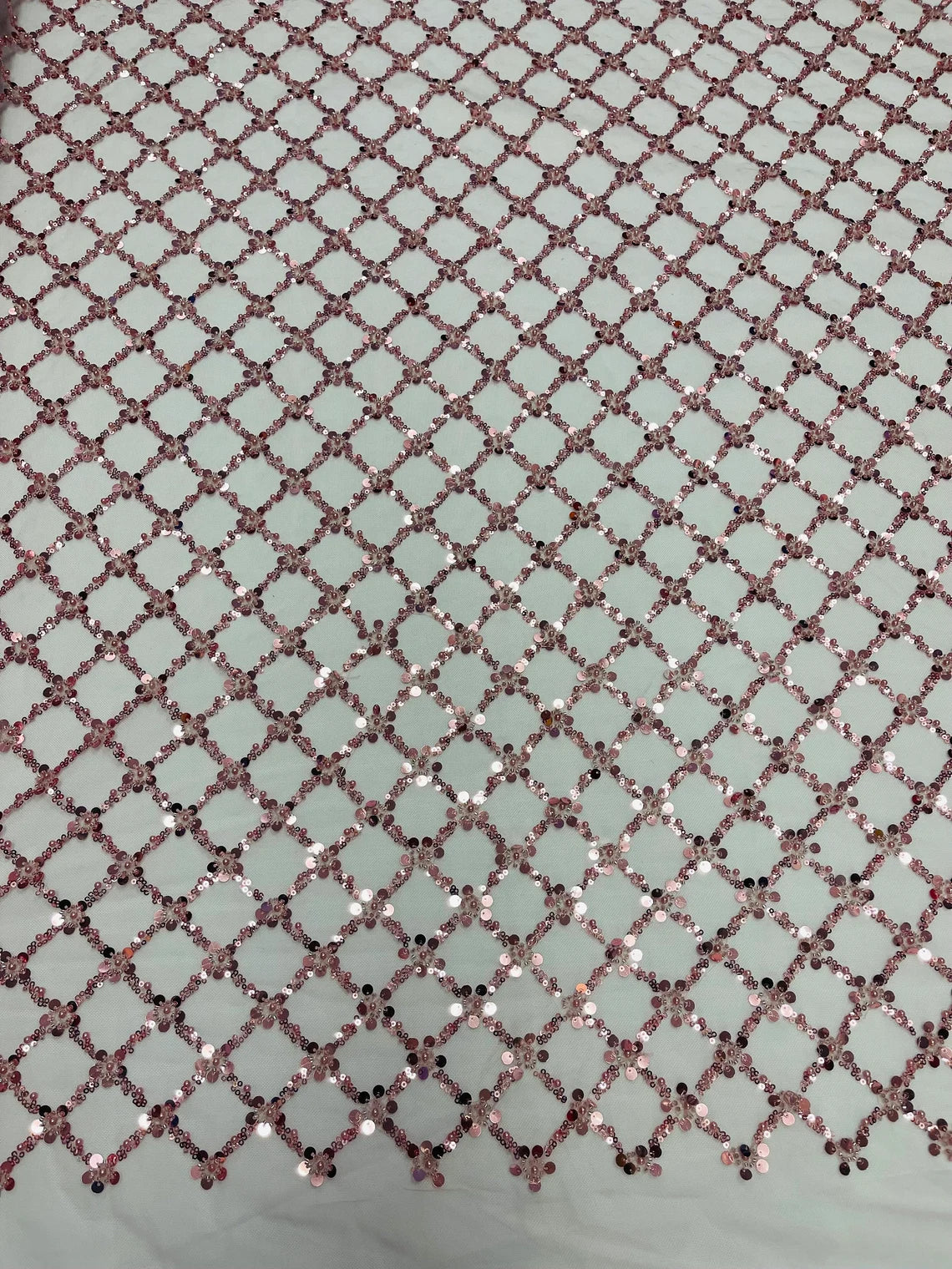 Beaded Diamond Net Fabric - Dusty Rose - Embroidered Geometric Beaded Sequins Fabric Sold By Yard