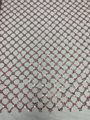 Beaded Diamond Net Fabric - Dusty Rose - Embroidered Geometric Beaded Sequins Fabric Sold By Yard